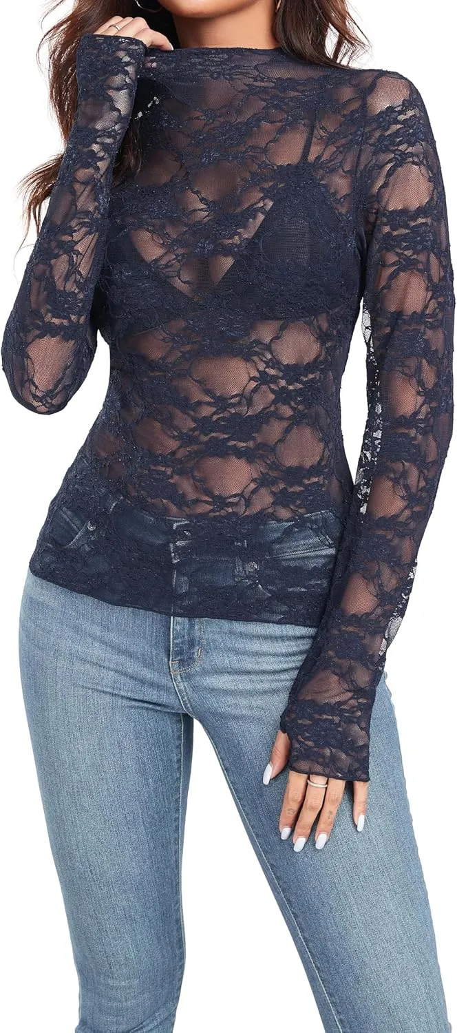 IWOLLENCE Women's Long Sleeve Mock Neck Lace Tops Sexy Floral Western See Through Blouse Sheer Mesh Shirts Party Clubwear