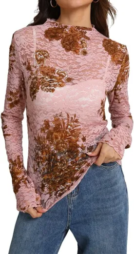 IWOLLENCE Women's Long Sleeve Mock Neck Lace Tops Sexy Floral Western See Through Blouse Sheer Mesh Shirts Party Clubwear