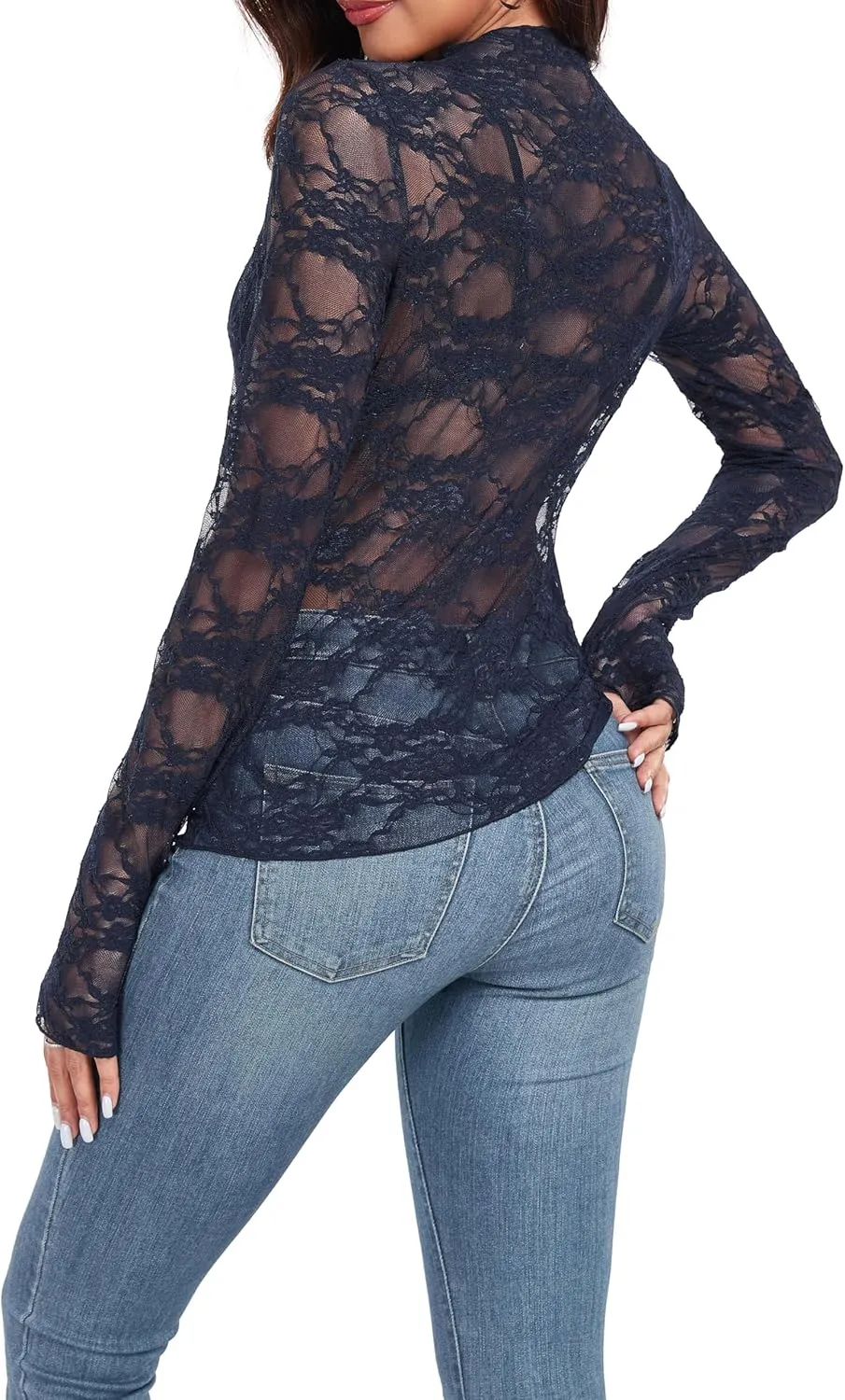 IWOLLENCE Women's Long Sleeve Mock Neck Lace Tops Sexy Floral Western See Through Blouse Sheer Mesh Shirts Party Clubwear