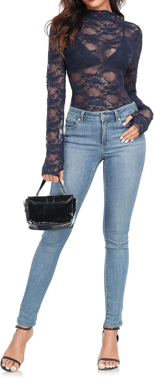 IWOLLENCE Women's Long Sleeve Mock Neck Lace Tops Sexy Floral Western See Through Blouse Sheer Mesh Shirts Party Clubwear
