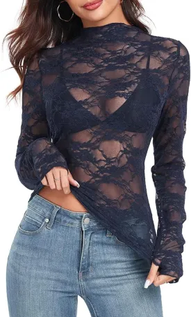 IWOLLENCE Women's Long Sleeve Mock Neck Lace Tops Sexy Floral Western See Through Blouse Sheer Mesh Shirts Party Clubwear