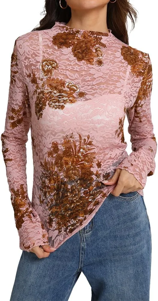 IWOLLENCE Women's Long Sleeve Mock Neck Lace Tops Sexy Floral Western See Through Blouse Sheer Mesh Shirts Party Clubwear