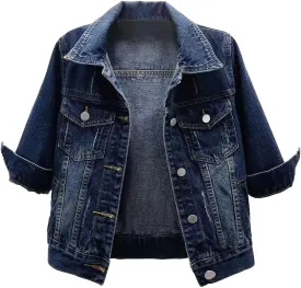 Locachy Womens 3/4 Sleeve Short Denim Jacket Lapel Button Down Cropped Trucker Jean Jackets Coats
