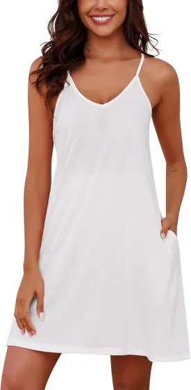 Marvmys Womens Cotton Sleeveless Nightgown Spaghetti Strap V Neck Full Slip Sleep Dress with Pockets
