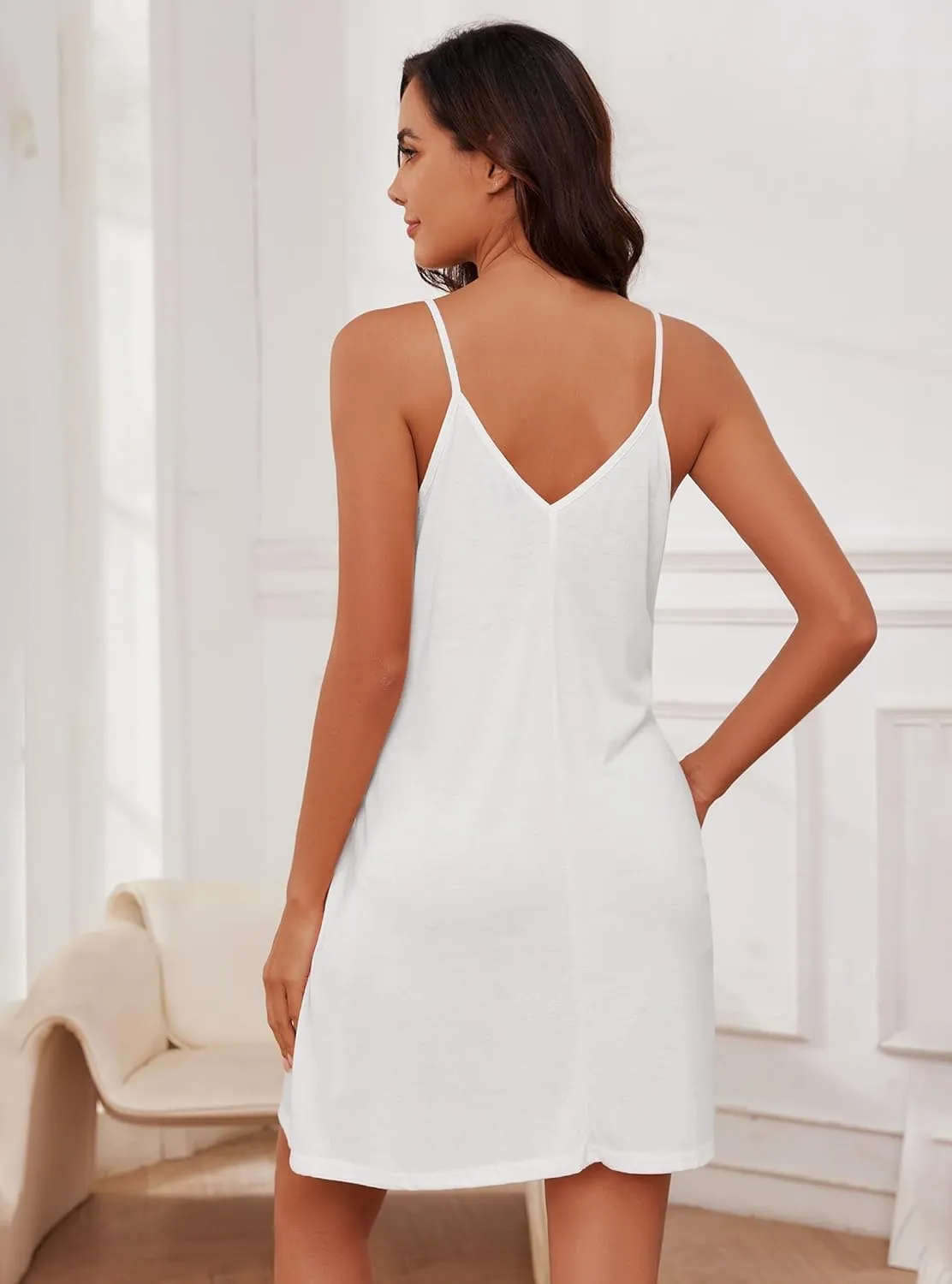 Marvmys Womens Cotton Sleeveless Nightgown Spaghetti Strap V Neck Full Slip Sleep Dress with Pockets