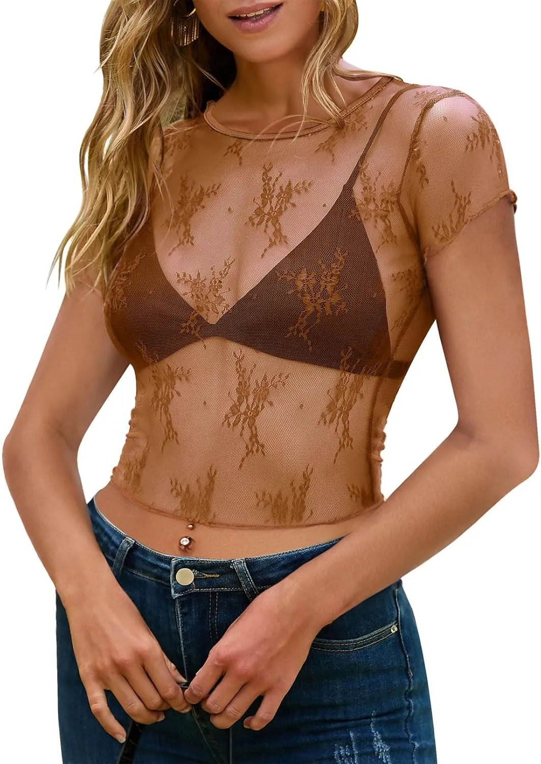 MEROKEETY 2025 Women's Mesh Sheer Lace Crop Top See Through Cap Sleeve Crewneck Summer Sexy Y2K Blouse Shirts