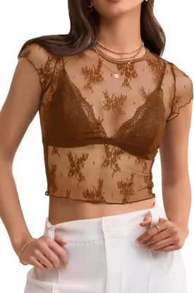 MEROKEETY 2025 Women's Mesh Sheer Lace Crop Top See Through Cap Sleeve Crewneck Summer Sexy Y2K Blouse Shirts