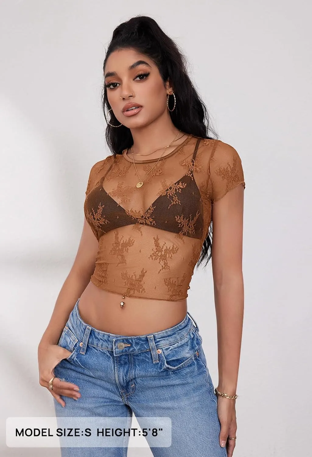 MEROKEETY 2025 Women's Mesh Sheer Lace Crop Top See Through Cap Sleeve Crewneck Summer Sexy Y2K Blouse Shirts