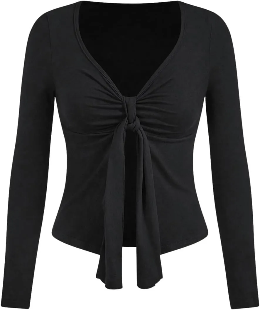 Milumia Women's Ruched Bust V Neck Tie Front Spit Long Sleeve T Shirt Blouse Top