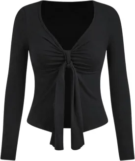 Milumia Women's Ruched Bust V Neck Tie Front Spit Long Sleeve T Shirt Blouse Top