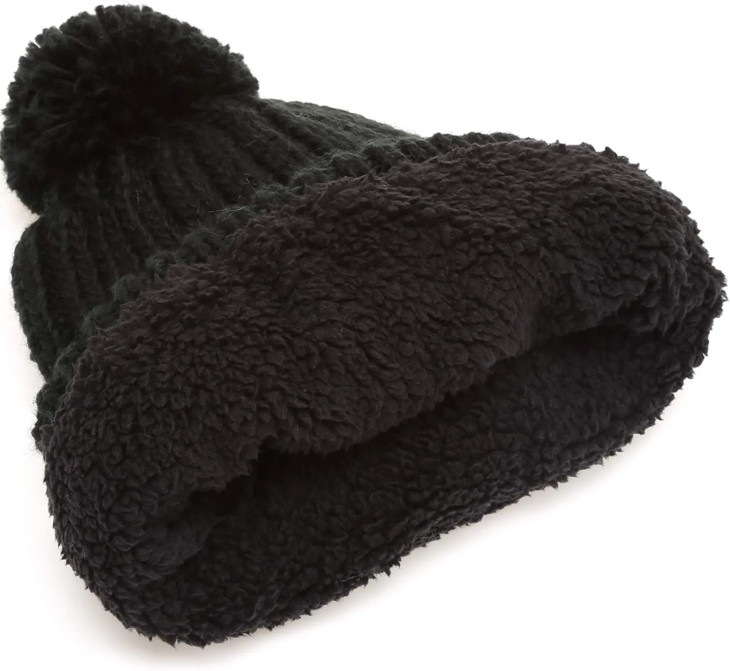 MIRMARU Women's Oversized Chunky Soft Warm Rib Knit Pom Pom Beanie Hat with Sherpa Lined