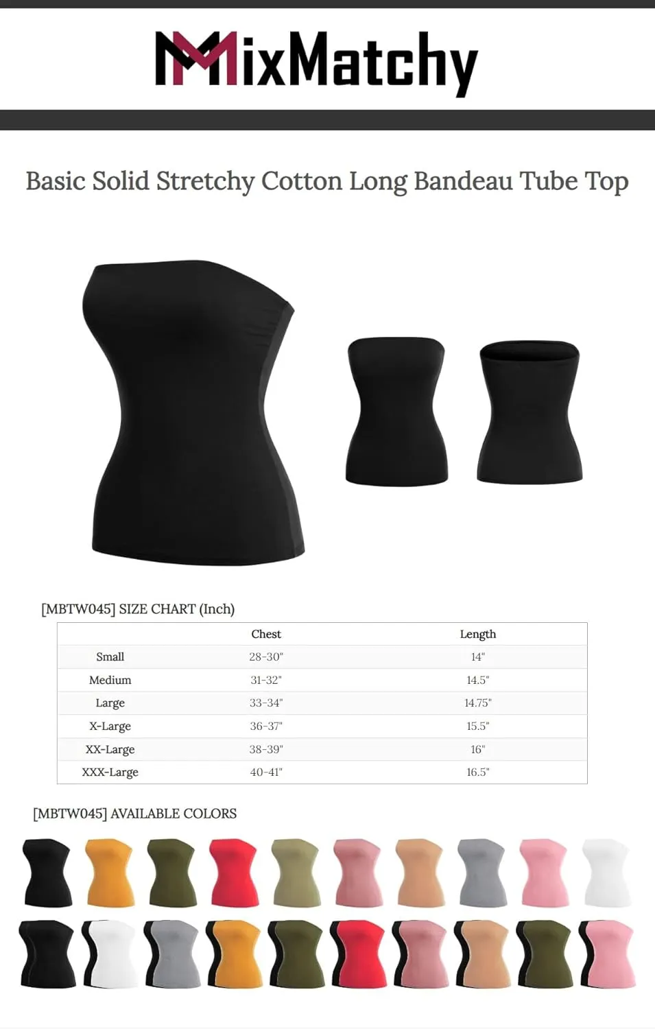MixMatchy Women's Basic Casual Stretchy Long Bandeau Tube Top Strapless Undershirts