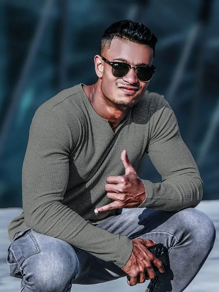 Muscle Cmdr Men's Henley Long&Short Sleeve T-Shirt Slim Fit V Neck Shirts Stretch Tee Casual Underwear Athletic Medium Weight