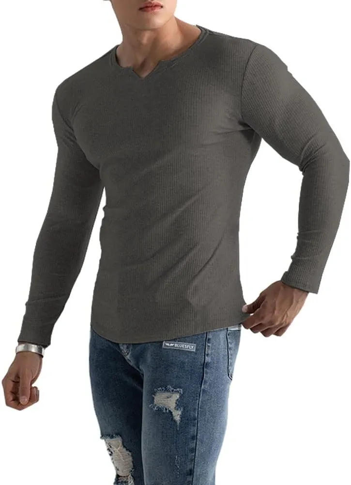 Muscle Cmdr Men's Henley Long&Short Sleeve T-Shirt Slim Fit V Neck Shirts Stretch Tee Casual Underwear Athletic Medium Weight