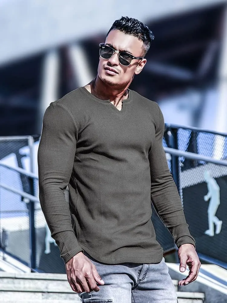 Muscle Cmdr Men's Henley Long&Short Sleeve T-Shirt Slim Fit V Neck Shirts Stretch Tee Casual Underwear Athletic Medium Weight