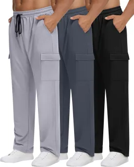Neer 3 Pack Men's Cargo Sweatpants Baggy Open Bottom Straight Leg Drawstring Joggers Casual Lounge Pants with Pockets