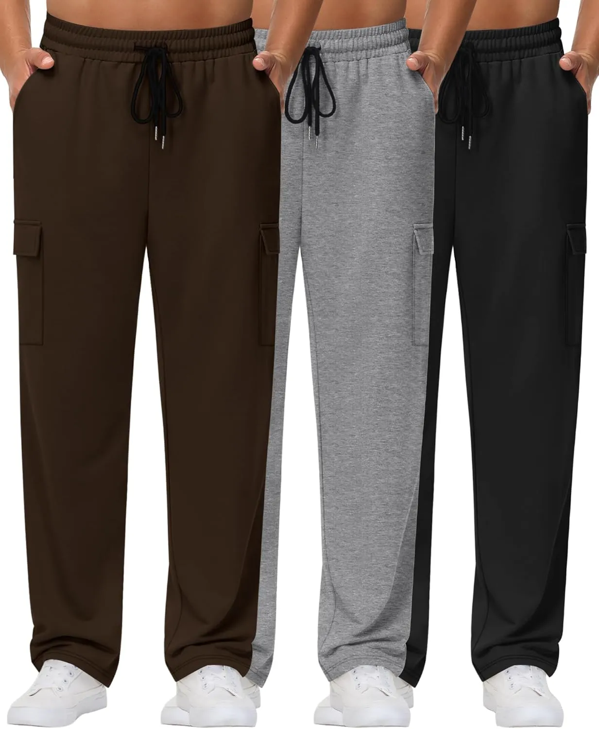 Neer 3 Pack Men's Cargo Sweatpants Baggy Open Bottom Straight Leg Drawstring Joggers Casual Lounge Pants with Pockets