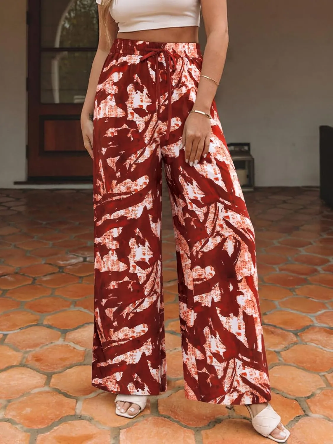 NIMIN Women Wide Leg Palazzo Pants High Waisted Casual Flowy Lounge Pants Floral Solid Beach Trousers with Pockets