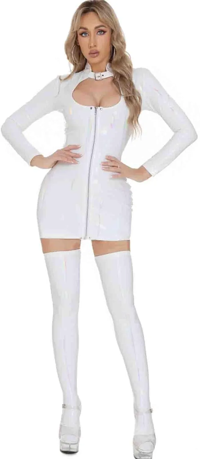 Oplxuo Wet Look Pu Leather Lingerie for Women Sexy Cutout Zip Up Bodycon Mini Dress Long Sleeve Clubwear Babydoll and Socks