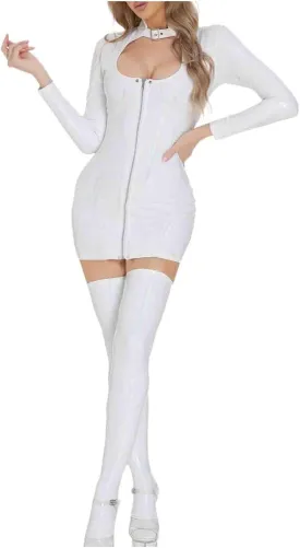 Oplxuo Wet Look Pu Leather Lingerie for Women Sexy Cutout Zip Up Bodycon Mini Dress Long Sleeve Clubwear Babydoll and Socks