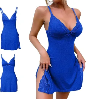 PETCDIM Lace Trim Sleep Dress for Women Sexy High Split Nightgown Trendy Bowknot Decor Sleep Spaghetti Dress Valentines Gift