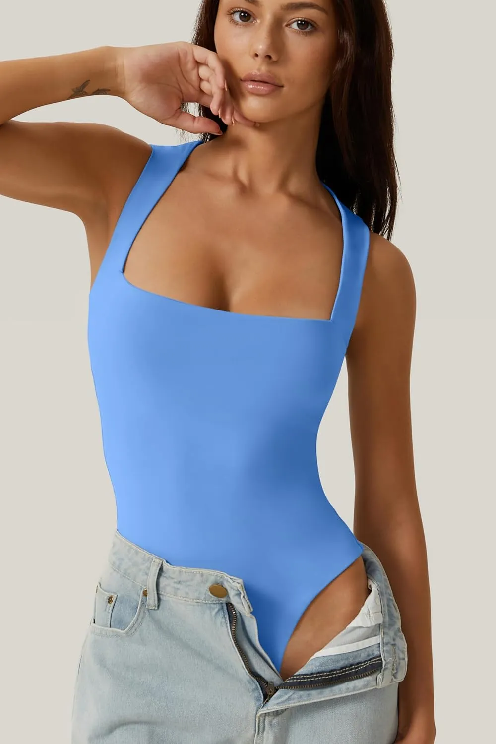 QINSEN Womens Sexy Square Neck Bodysuit Sleeveless Double Lined T Shirt Tops
