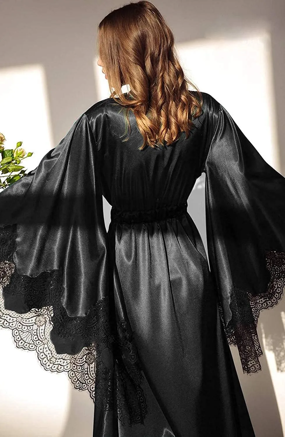 Tianzhihe Silk Satin Bridal Robe Long Lace Sexy Boudoir Lingerie Nightgown Kimono Wedding Scarf Maternity Shoot