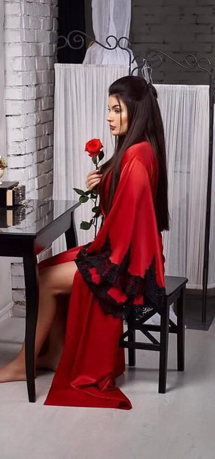 Tianzhihe Silk Satin Bridal Robe Long Lace Sexy Boudoir Lingerie Nightgown Kimono Wedding Scarf Maternity Shoot
