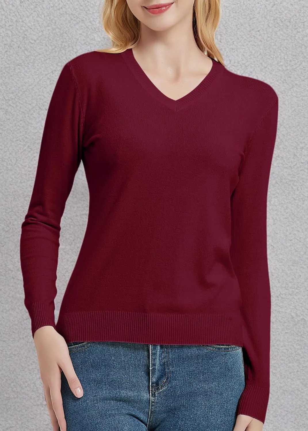Urban CoCo Women's V Neck Long Sleeve Solid Classic Knit Pullover Sweater Tops