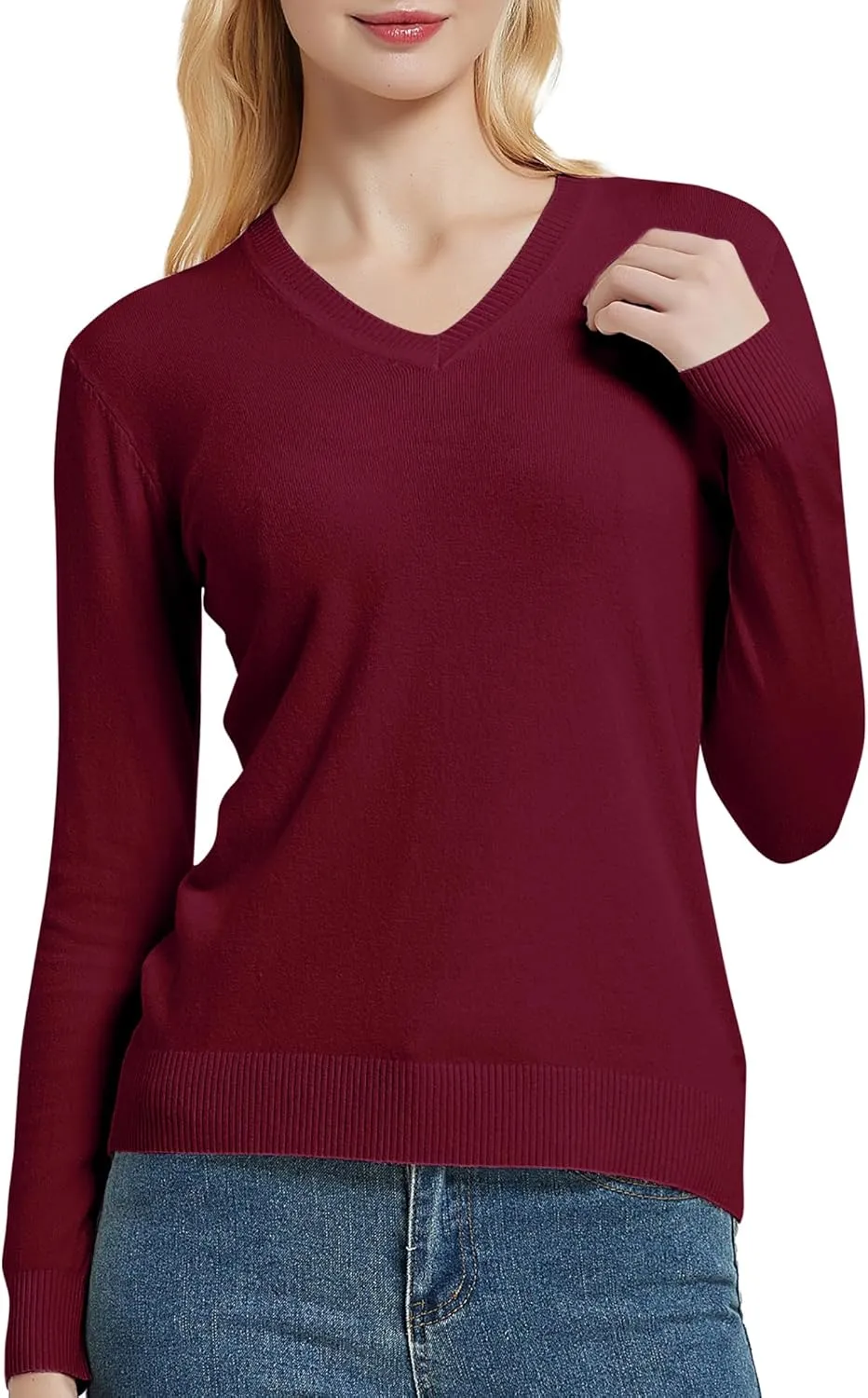 Urban CoCo Women's V Neck Long Sleeve Solid Classic Knit Pullover Sweater Tops