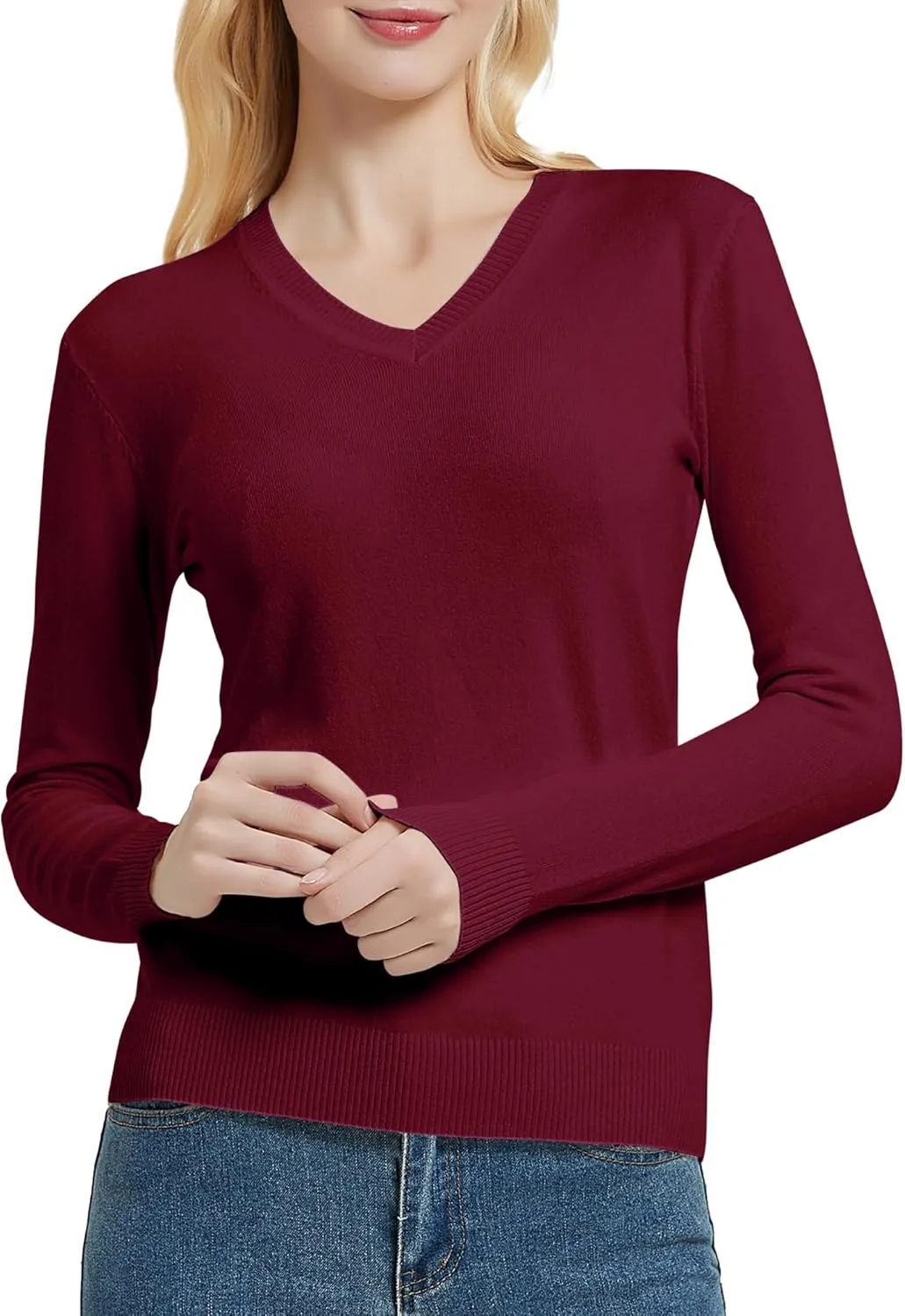 Urban CoCo Women's V Neck Long Sleeve Solid Classic Knit Pullover Sweater Tops