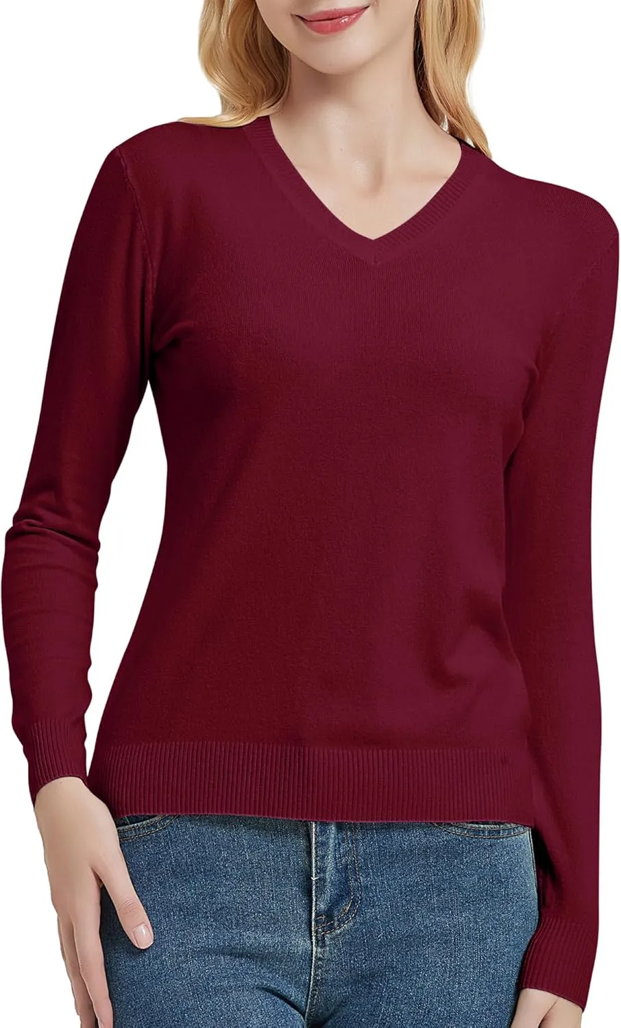 Urban CoCo Women's V Neck Long Sleeve Solid Classic Knit Pullover Sweater Tops