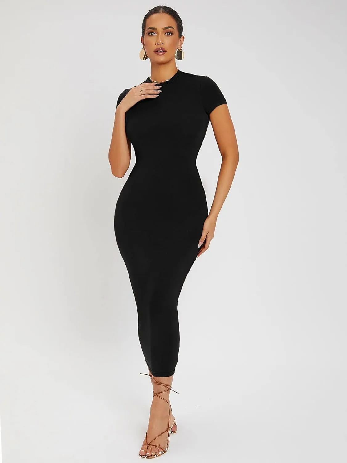 Verdusa Women's Round Neck Cap Sleeve Solid Long Pencil Bodycon Dress