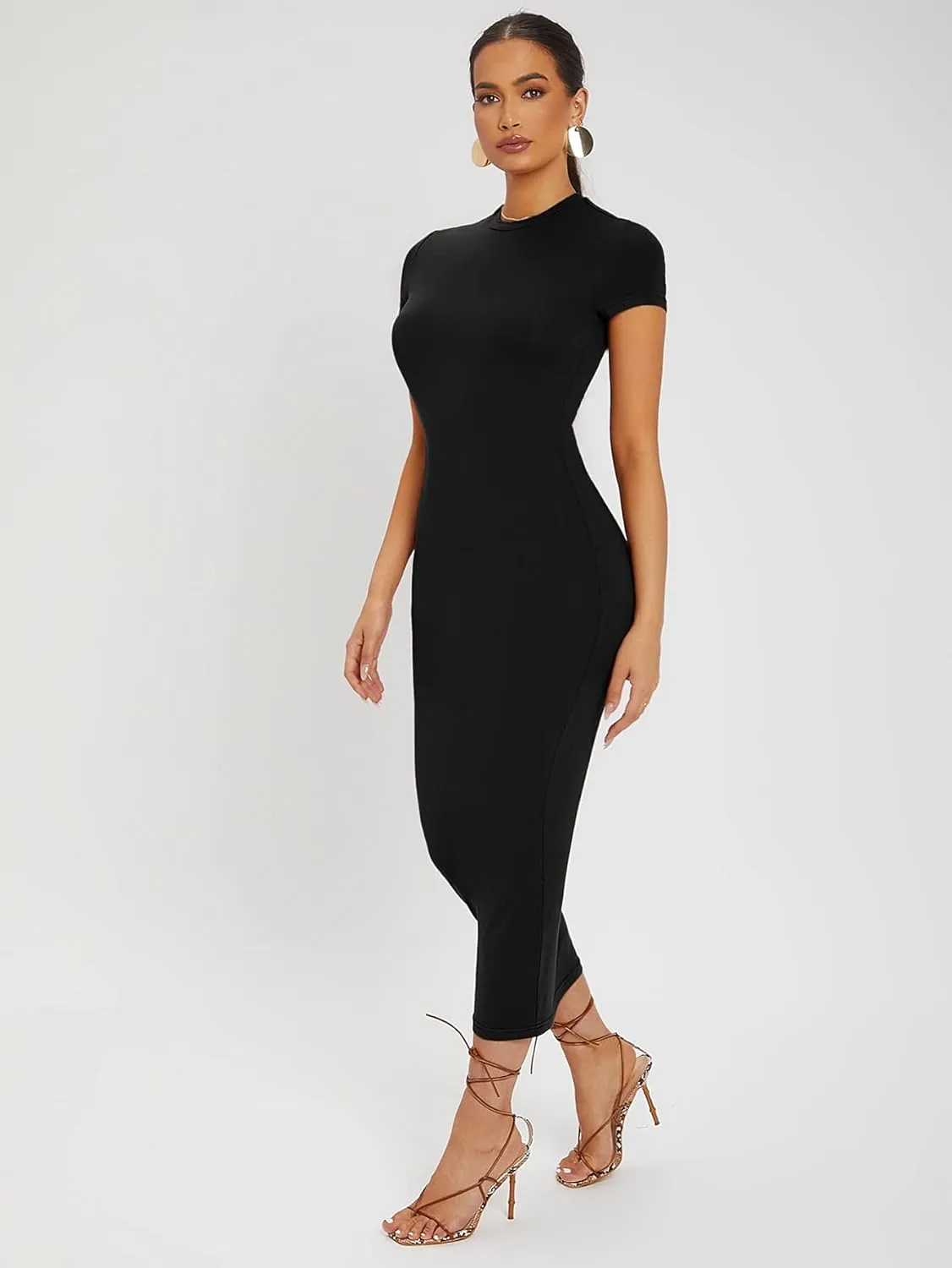 Verdusa Women's Round Neck Cap Sleeve Solid Long Pencil Bodycon Dress