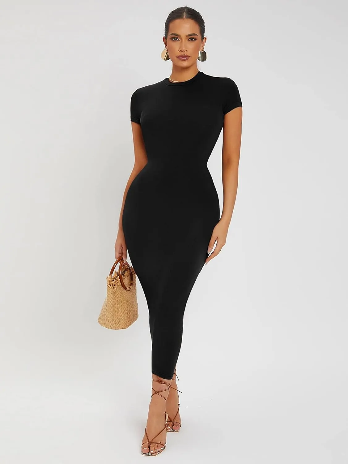 Verdusa Women's Round Neck Cap Sleeve Solid Long Pencil Bodycon Dress