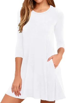 VIISHOW Womens Round Neck 3/4 Sleeves A-line Casual Tshirt Dress with Pocket