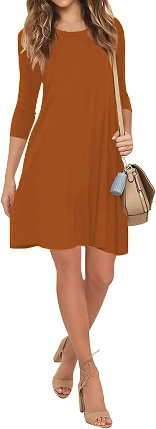 VIISHOW Womens Round Neck 3/4 Sleeves A-line Casual Tshirt Dress with Pocket