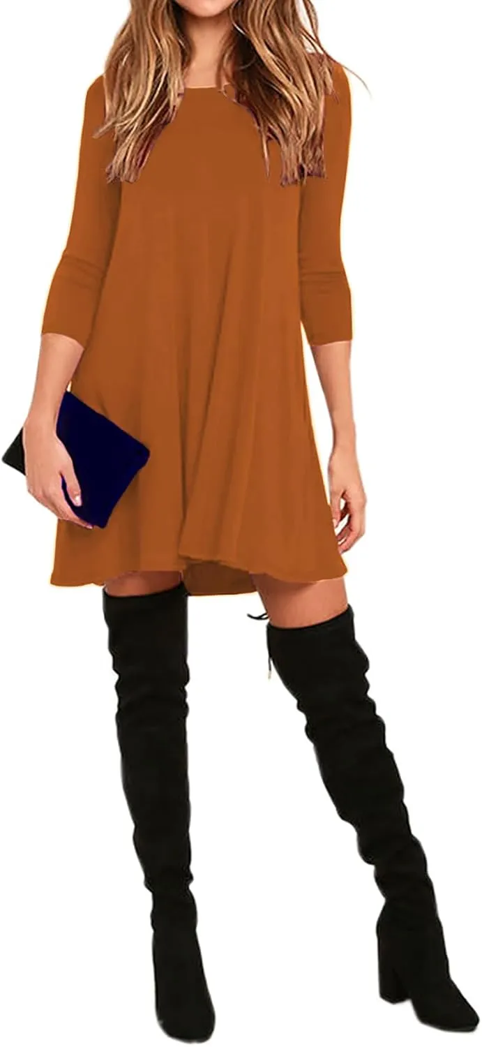 VIISHOW Womens Round Neck 3/4 Sleeves A-line Casual Tshirt Dress with Pocket