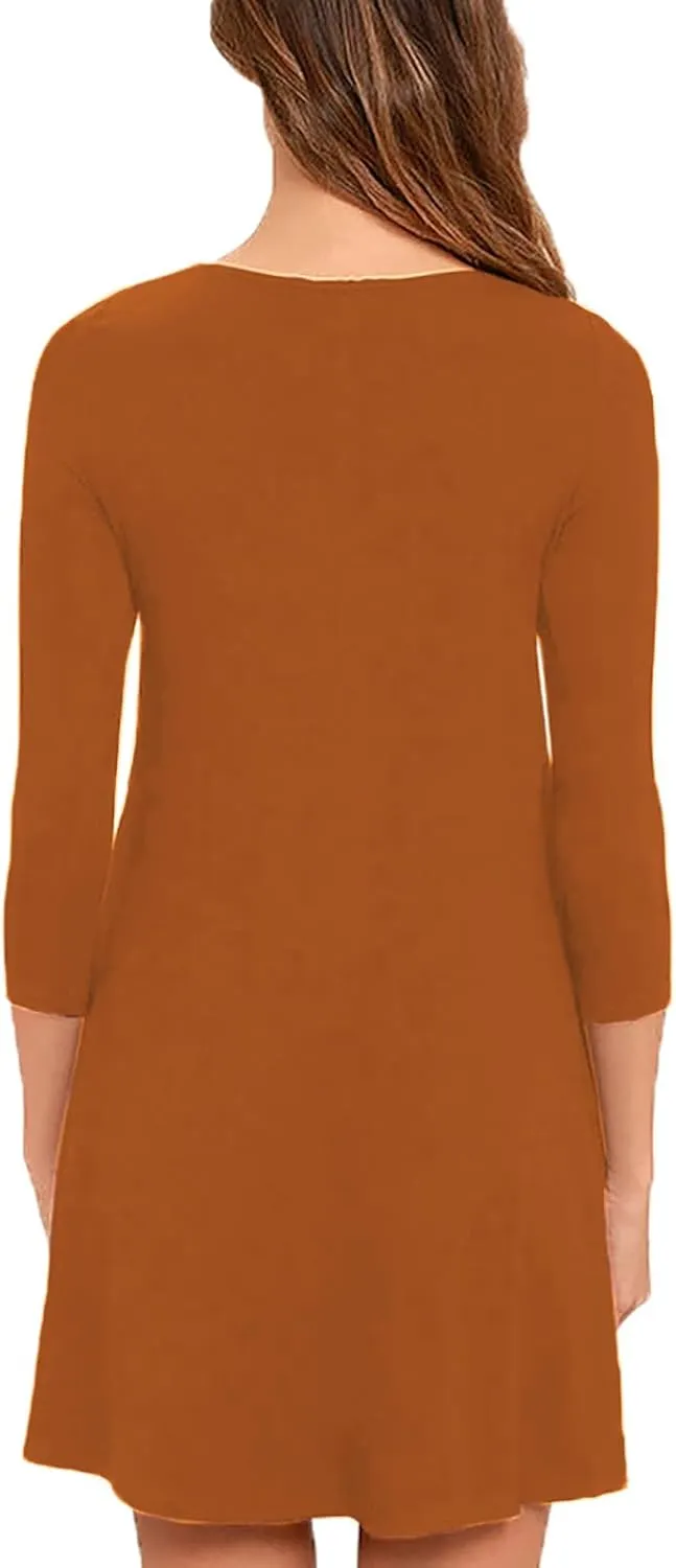 VIISHOW Womens Round Neck 3/4 Sleeves A-line Casual Tshirt Dress with Pocket