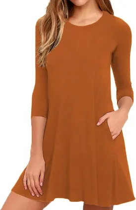 VIISHOW Womens Round Neck 3/4 Sleeves A-line Casual Tshirt Dress with Pocket