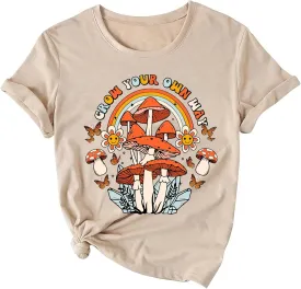 Vintage Boho Graphic Tees for Women Summer Round Neck Nature Cottagecore Tee Tops