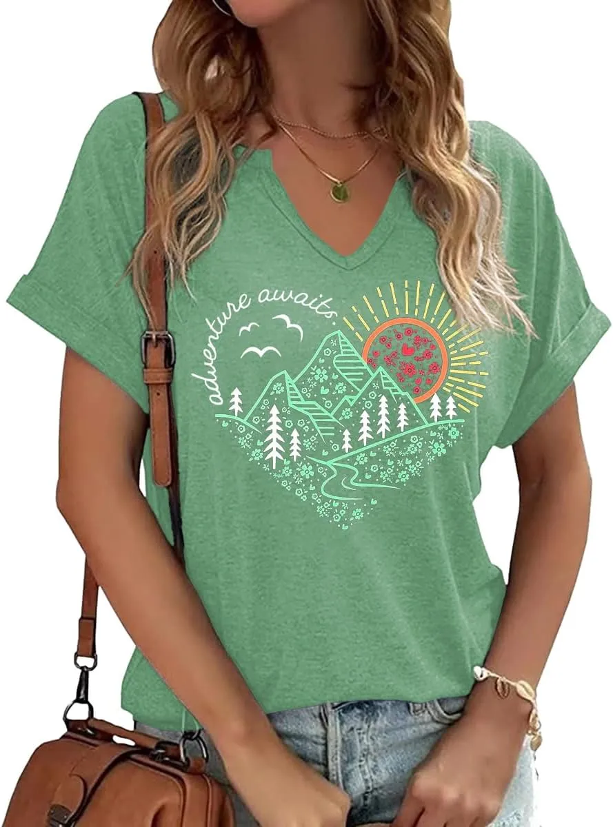 Vircreate Womens V Neck T-Shirts Adventure Awaits Outdoors Tees Hike Mountain Vacation Funny Travel Tops