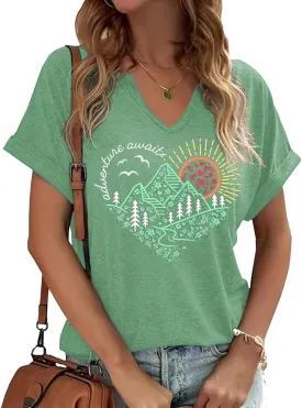 Vircreate Womens V Neck T-Shirts Adventure Awaits Outdoors Tees Hike Mountain Vacation Funny Travel Tops
