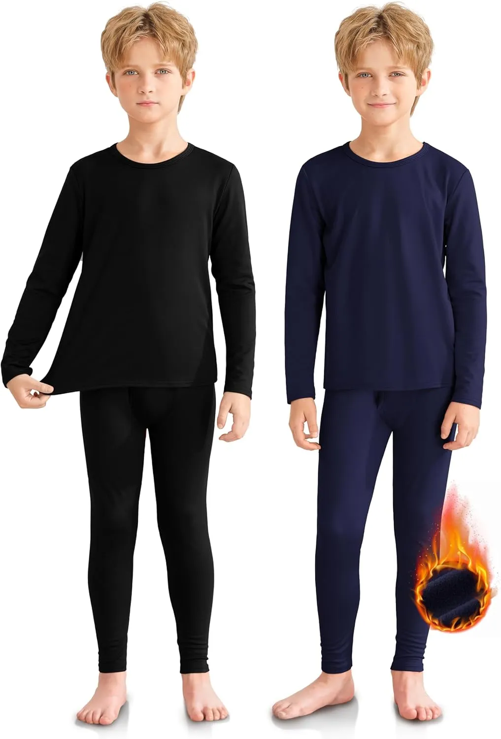 VZV 2 Set Thermal Underwear for Kids, Boys Long Sleeve Underwear Fleece Lined Base Layer Thermals Top and Bottom Set