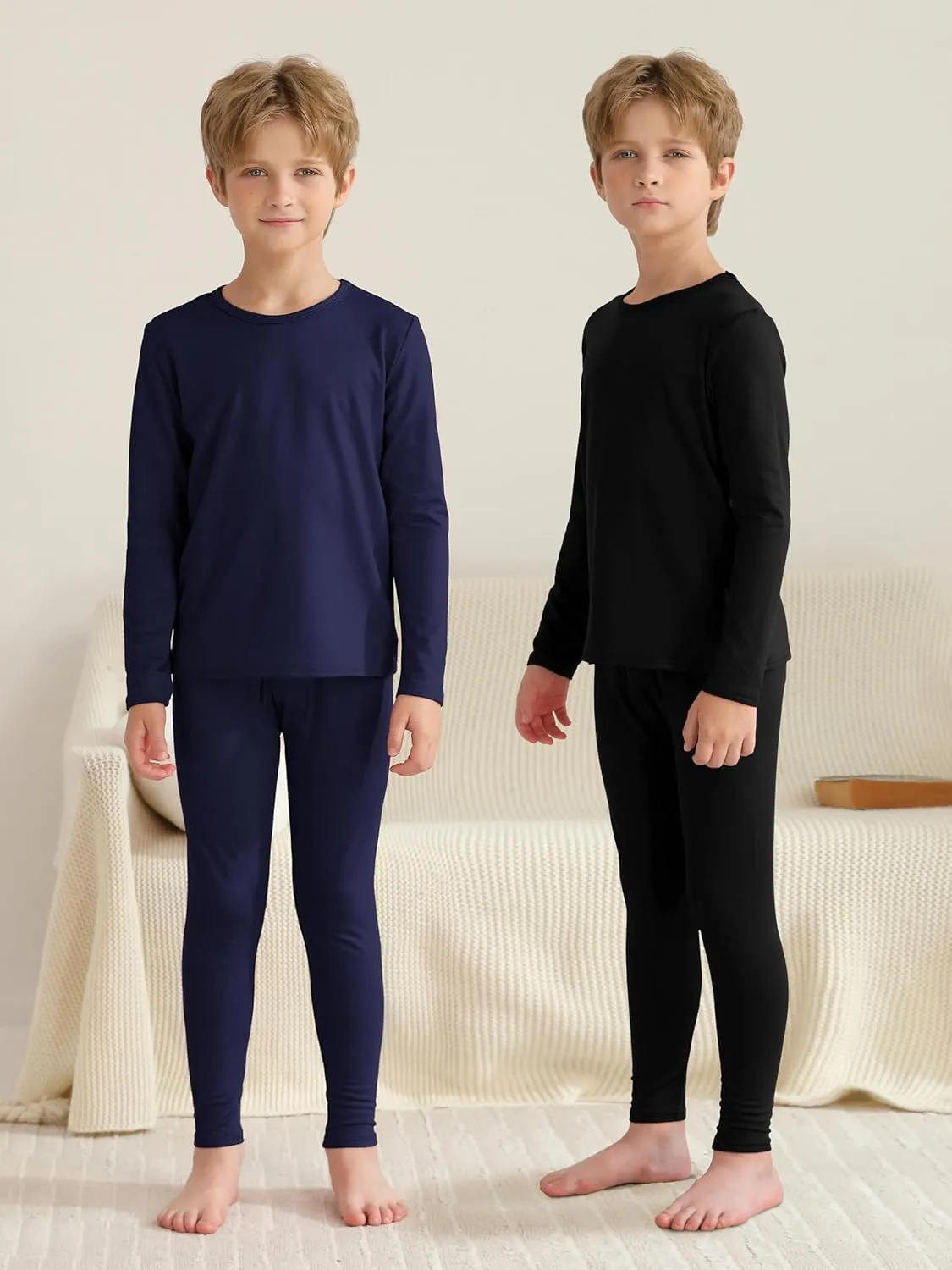 VZV 2 Set Thermal Underwear for Kids, Boys Long Sleeve Underwear Fleece Lined Base Layer Thermals Top and Bottom Set