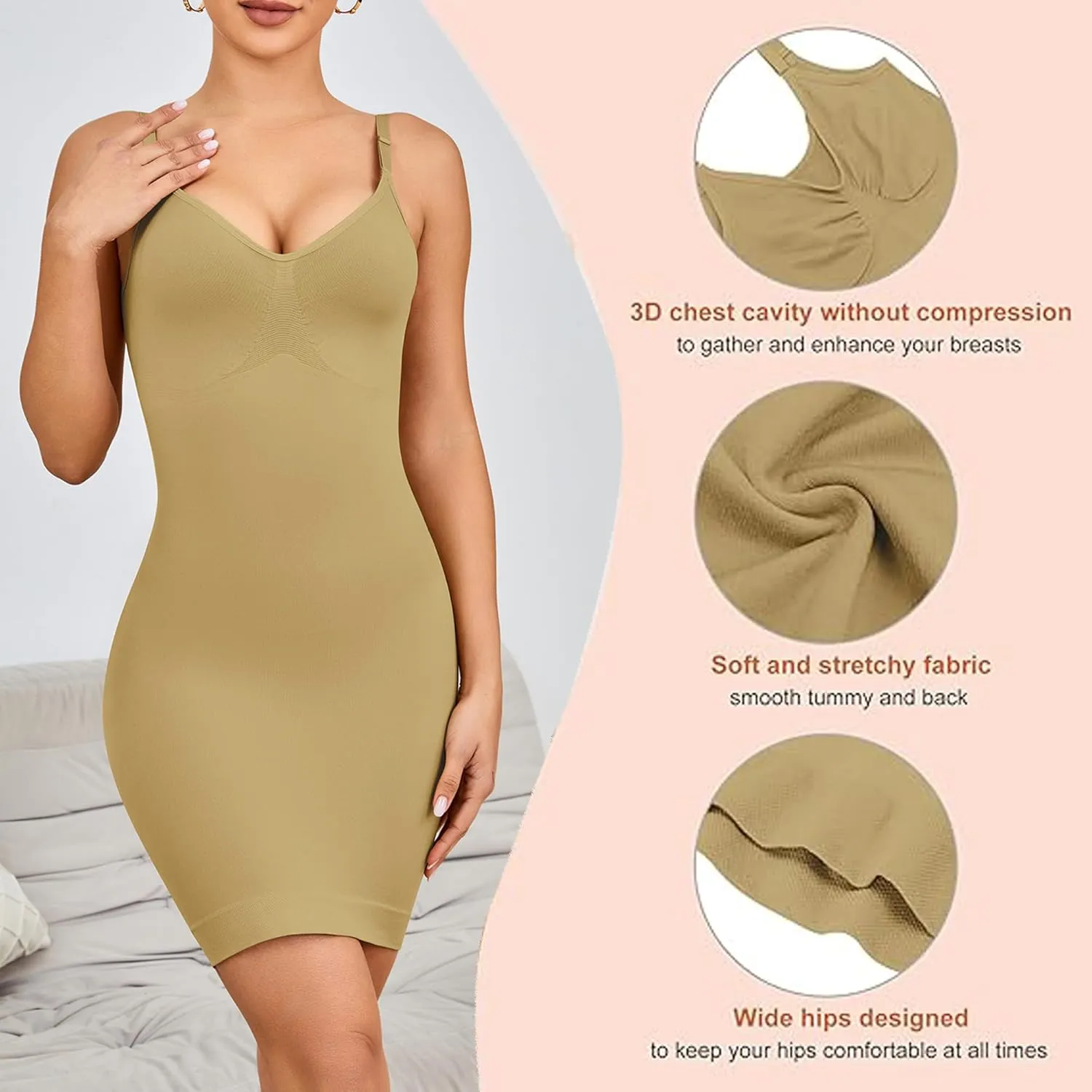 Women Shapewear Full Slip for Under Dresses Tummy Control Cami Mini Body Shaper Seamless Spaghetti Straps Lingerie