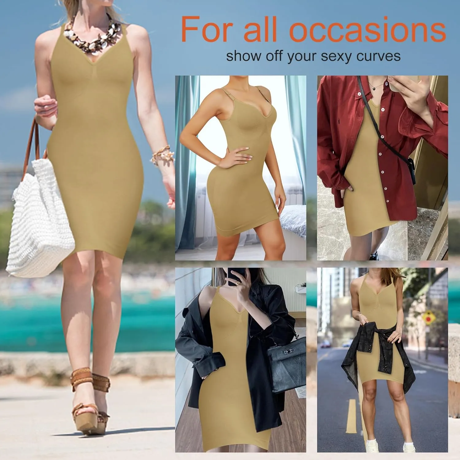 Women Shapewear Full Slip for Under Dresses Tummy Control Cami Mini Body Shaper Seamless Spaghetti Straps Lingerie