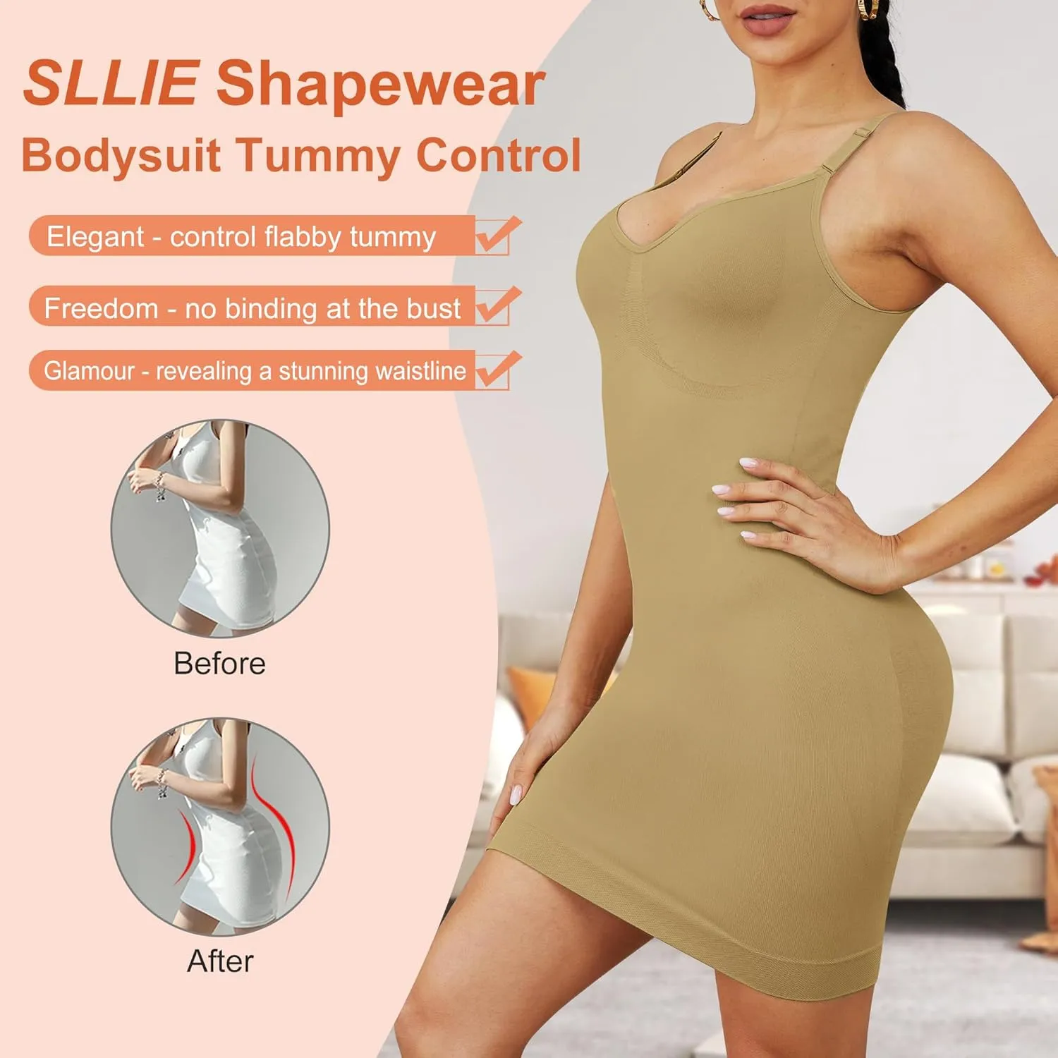 Women Shapewear Full Slip for Under Dresses Tummy Control Cami Mini Body Shaper Seamless Spaghetti Straps Lingerie