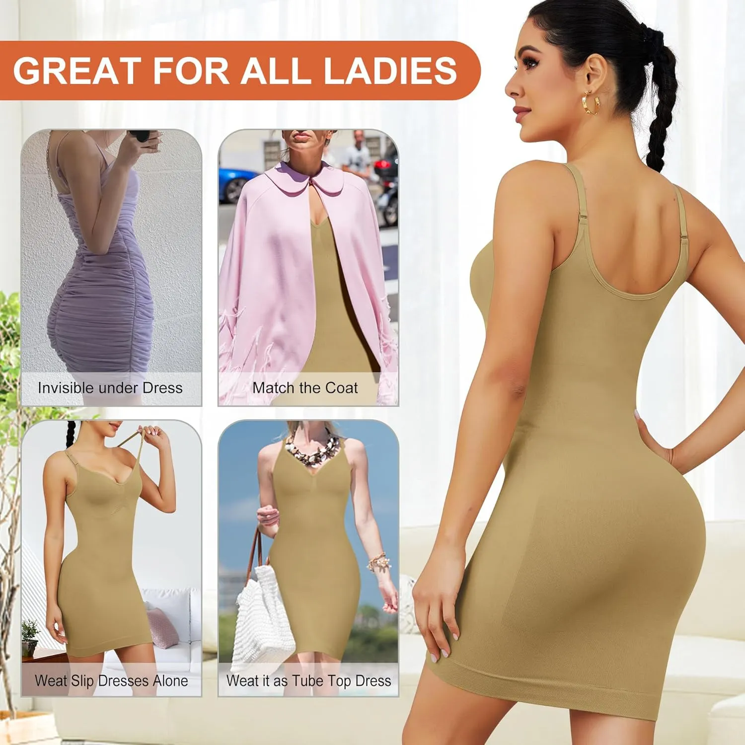 Women Shapewear Full Slip for Under Dresses Tummy Control Cami Mini Body Shaper Seamless Spaghetti Straps Lingerie