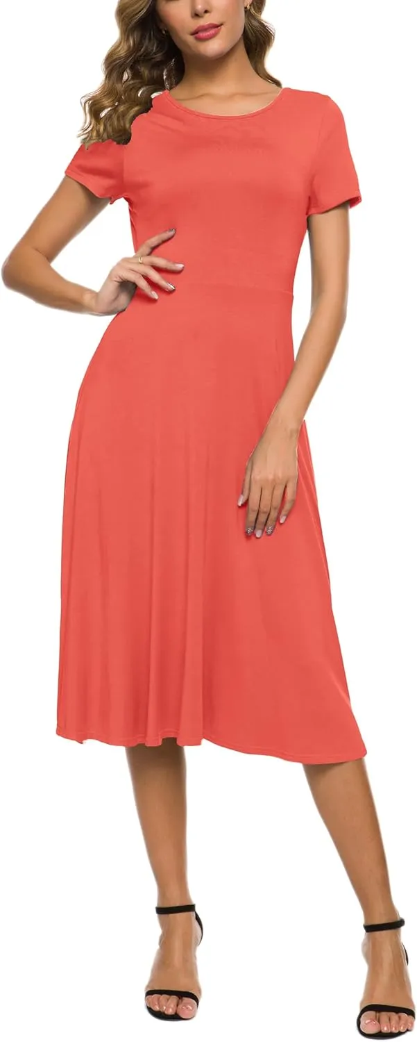 Women's Casual Round Neck Short Sleeve Midi Dress Solid Stretchy Waist Knee Long Dress